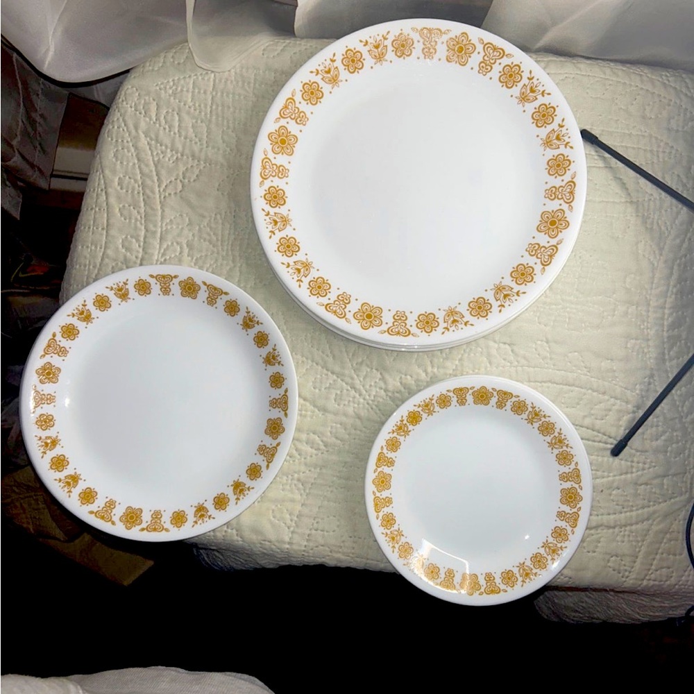 4 settings, 3 different size Corningware By Corelle Butterfly plates.